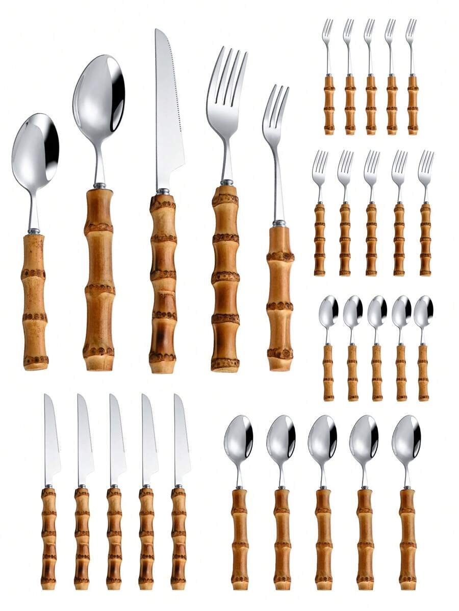 Bamboo Cutlery Set - 30-częściowy zestaw sztućców ze stali nierdzewnej