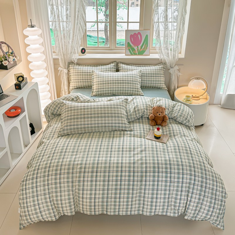 Linen Duvet Cover - 4-częściowy zestaw pościeli w zieloną kratę,
